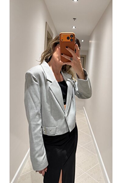 Duya Butik GRİ KEMER DETAYLI VATKALI BLAZER CEKET