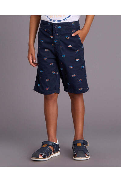 REDTAG Boys Navy Printed Twill Bermuda Shorts