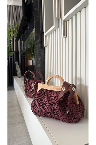 WOMANBAG EL YAPIMI HASIR AHŞAP BURSLU EL OMUZ ÇANTASI BÜYÜK BOY 39x25cm