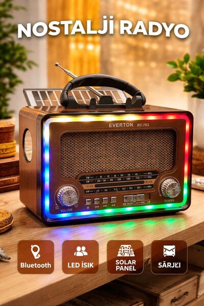 m memita rt-763 usb am-sw-fm bluetooth solarlı ledli fenerli nostalji radyo t...