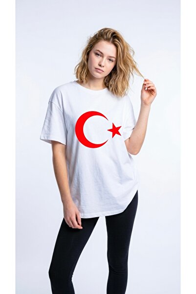 HOXİE تي شيرت أبيض مطبوع عليه نجمة القمر للجنسين - تي شيرت قطني كبير الحجم بت...