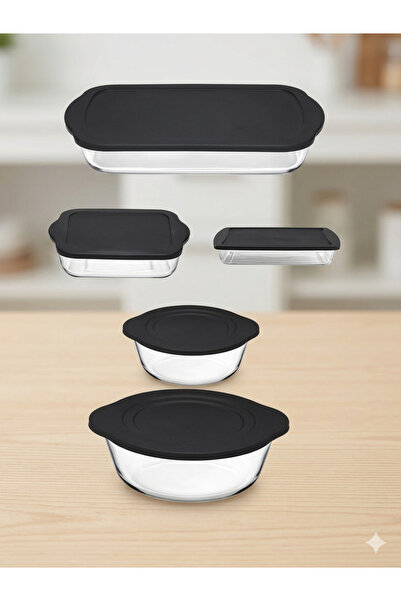Paşabahçe 5-Piece Borcam Set with Black Lids (59123-59133-59006-59034-59854