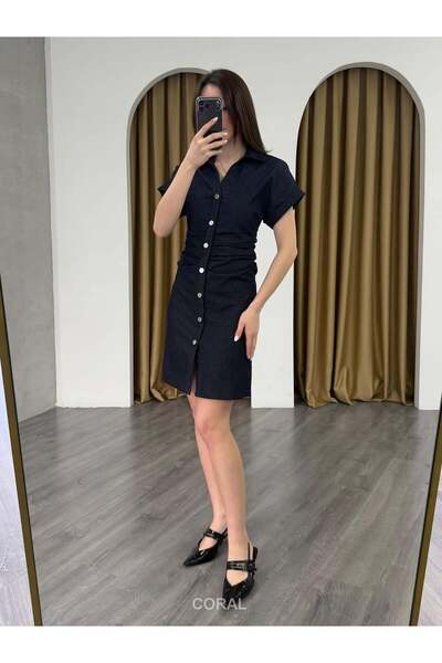 Coral Gathered Waist Buttoned Short Sleeve Dress 86239 Navy Blue