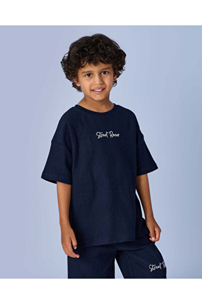 REDTAG Boys Navy Placement Print Short Sleeve T-Shirt