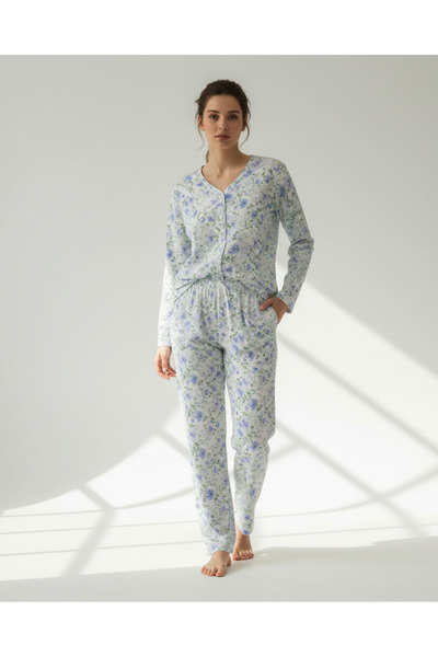 REDTAG Women Blue Printed Long Sleeve Pajama Set