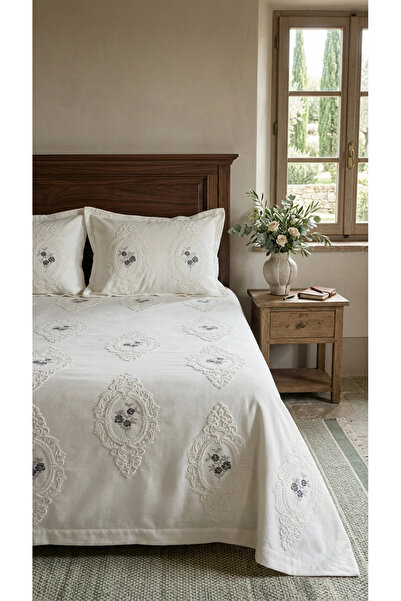 DANTEELHOME Eliza Κεντητό Σενίλ 3 τεμαχίων Διπλό Κάλυμμα Κρεβατιού Κρεμ Γκρι ...