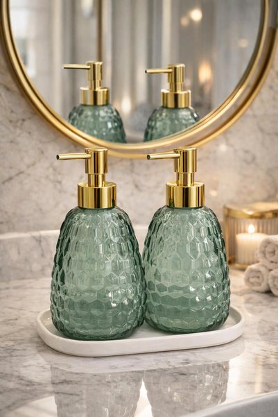 ANGDESİGN Royal Liquid Soap Dispenser 2Nd Generation with Stand Green-Yellow• White Base • Glass Soap Dispenser for Sink Bathroom Kitchen Countertop Liquid Soap Dispenser Soap Pump Kitchen Liquid Soap Dispenser Glass Detergent Dispenser Decorative