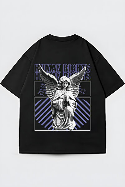 FUWEAR Μαύρο μπλουζάκι με στάμπα Άγγελος των Ανθρωπίνων Δικαιωμάτων, μεγάλου ...