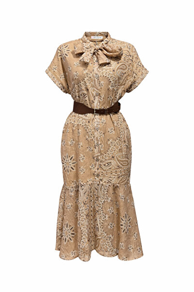 Mixray 4882 Γυναικείο φόρεμα μίντι με σχέδιο σάλι και δεμένη ζώνη, βιζόν