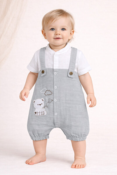 Nehad Bebe Baby Boy Linen Overalls with Straps and Teddy Bear Embroidery, Sum...