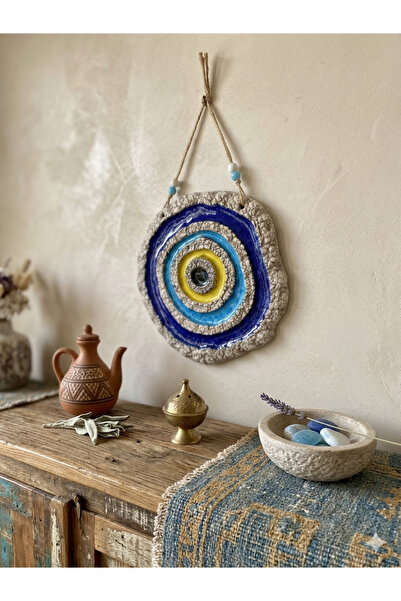 Ahşap Evi Seramik Nazar Boncuğu Dekoratif Duvar Süsü Nazarlık 20 cm-Hediye,Dekor