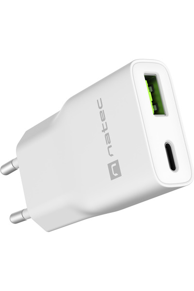 Natec Încărcător USB Ribera Gan Slim USB 1X USB-A + 1X USB-C 20W, Alb