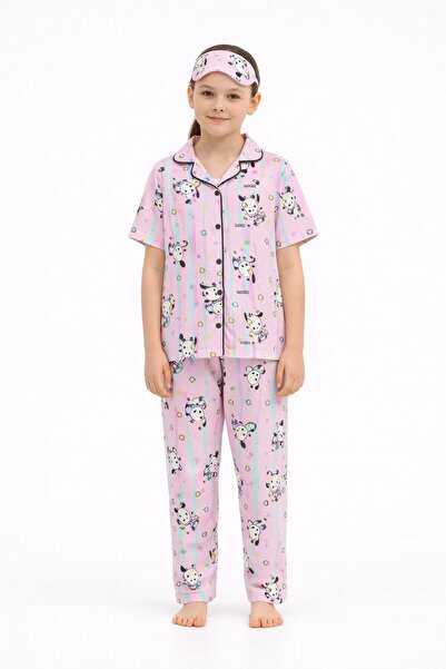 Cansın Mini Ροζ χαριτωμένο σετ πιτζάμες για κορίτσια με κοντό μανίκι και στάμ...
