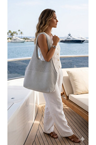 Sea Style Μεσογειακή υφασμένη χειροποίητη πλεκτή τσάντα ώμου μεγάλου όγκου