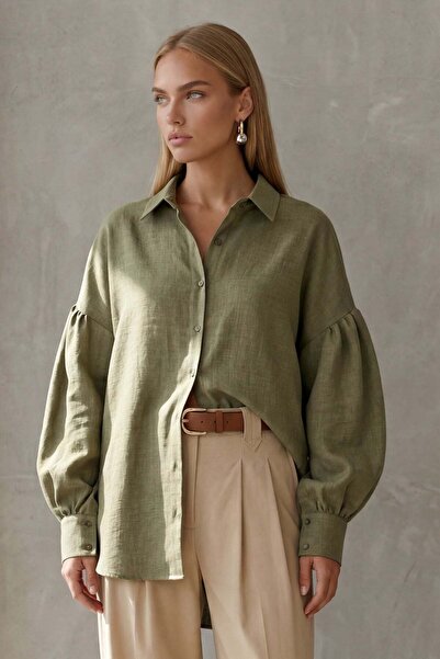Trend Alaçatı Stili Χακί λινό πουκάμισο με φαρδιά μανσέτες και μανίκια μπαλόνι