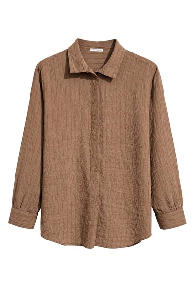 Mixray 4860 Γυναικείο ριγέ πουκάμισο μεγάλου μεγέθους σε καφέ χρώμα