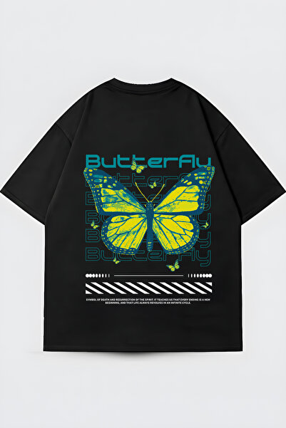 FUWEAR Oversize μπλουζάκι με γραφικό σχέδιο πεταλούδας, μαύρο, με κοντό μανίκ...