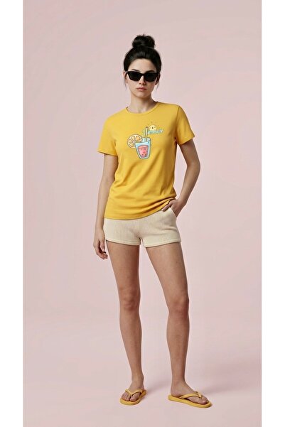 HOXİE Women's Yellow "Summer" Printed Crew Neck Relaxed Fit T-Shirt