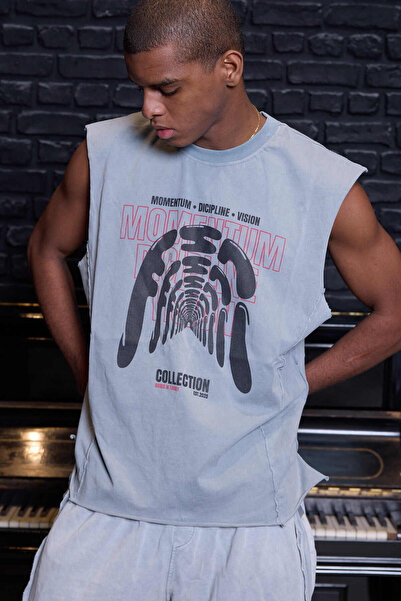 QUİCKPREP Streetwear "Momentum" Printed Sleeveless Oversize T-Shirt - Washabl...