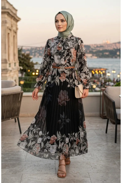 sefamerve Patterned Belted Chiffon Dress 50006-01 Cinnamon Color