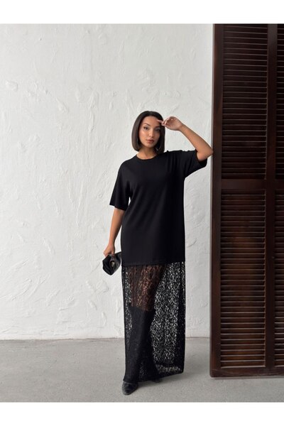 Jeevee Kadın Siyah Oversize Dantel Detaylı Maxi Elbise