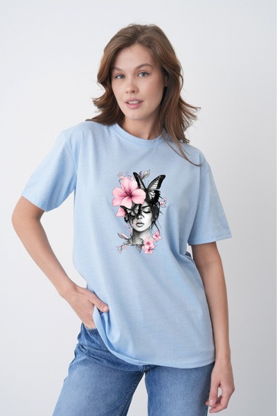 TREND EMMODA Tricou albastru pentru femei, cu decolteu rotund, cu detalii cu ...