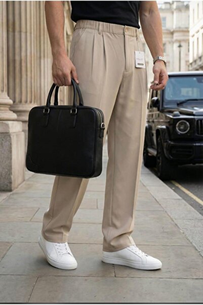 MODAMESTO Men's Beige Baggy Fit Relaxed Fit Pleated Fabric Trousers