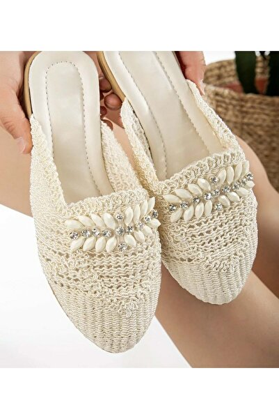 AYAKCİTY Forlan Special Model Straw Embroidered Stone Detailed Slippers
