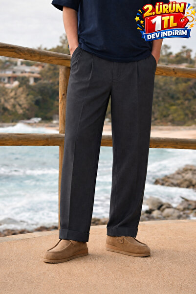 DAMGA JEANS Ανδρικό παντελόνι από καπνιστό ύφασμα με φαρδιά μπατζάκια, σε βασ...