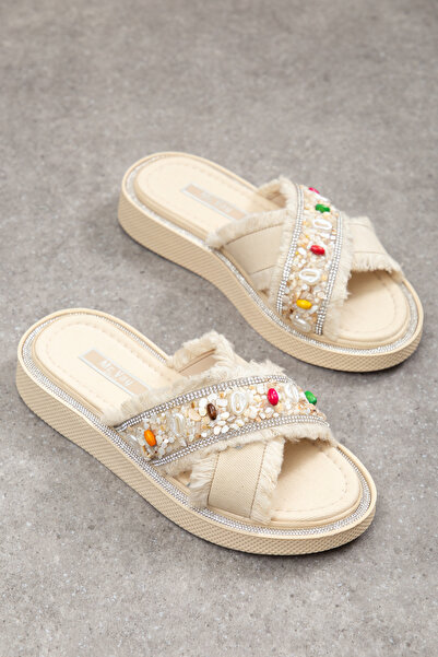 Mc vay Shoes 019 Κομψές γυναικείες παντόφλες με φούντες και κεντήματα από φυσ...