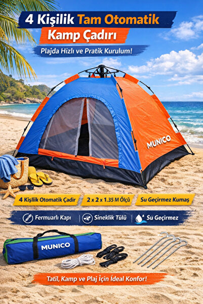 Munico 3-4 Kişilik Otomatik Kamp Çadırı Outdoor Kullanım Su Geçirmez Dayanıkl...