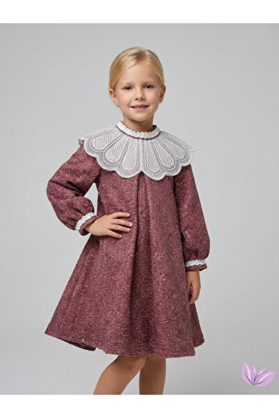 Violetta KIDS Kız Çocuk Elbise Gold Işıltılı Dantel Yakalı Özel Gün Elbisesi