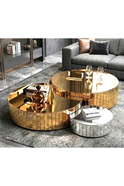 LUXURY VİLLA LUXURY GOLD VE GÜMÜŞ AYNALI ORTA SEHPA SETİ ÇAP BÜYÜK 85 × 85 KÜ...