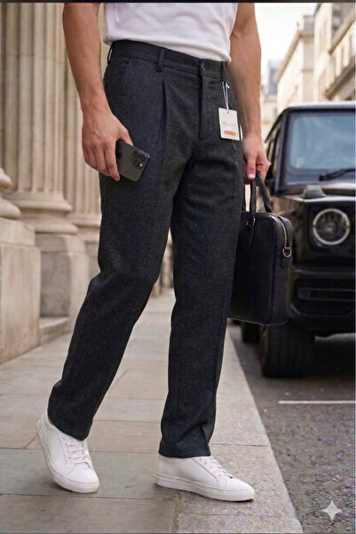 MODAMESTO Ανδρικό παντελόνι από ύφασμα με πιέτες σε ανθρακί χρώμα, άνετη εφαρ...