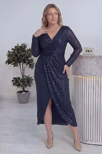 zks grup tekstil Women's Plus Size Double Breasted Collar Long Sleeve Midi Le...