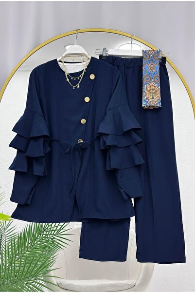 MODA VEDAT Γυναικείο Σετ Παντελόνι με Βολάν στα Μανίκια και Χρυσά Κουμπιά -0700