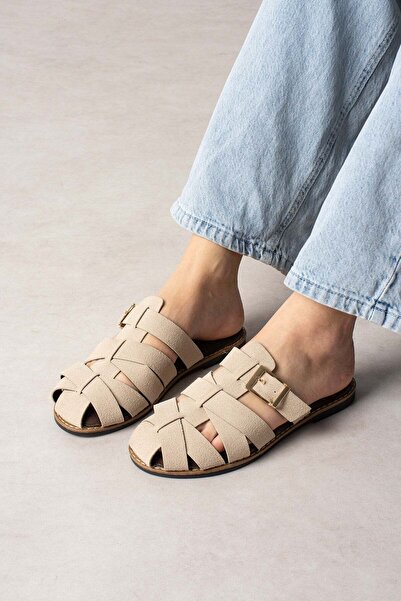 ShoeTek Laverya Women's Slippers with Straps and Buckle Beige Suede