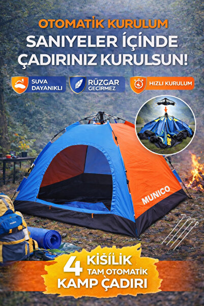 Munico Su Geçirmez Rüzgar Dayanıklı Kolay Kurulum Aile Çadırı 4 Kişilik Kamp ...