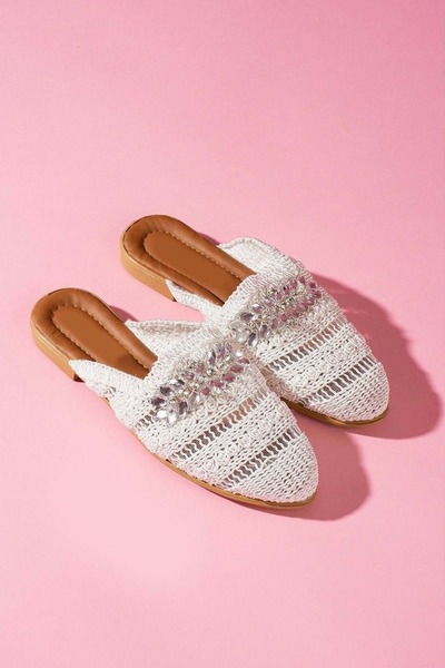 AYAKCİTY Forlan Special Model Straw Embroidered Stone Detailed Slippers