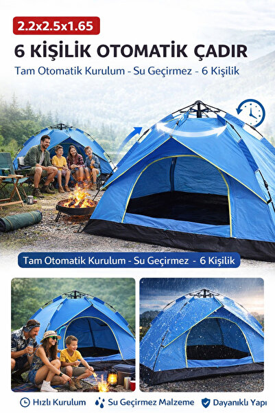 Munico 6 Kişilik Kamp Çadırı Tam Otomatik Kurulum Su Geçirmez Dayanıklı Festi...