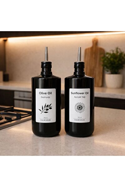 color house 2 adet 750 ml Siyah Renk Cam Yağdanlık - Damlatmaz Tıpa Kapak ( P...