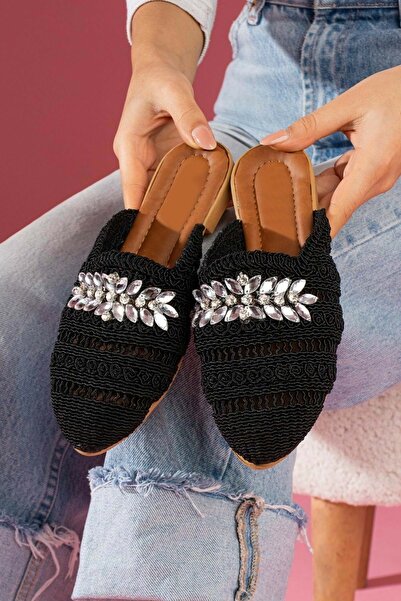 AYAKCİTY Forlan Special Model Straw Embroidered Stone Detailed Slippers