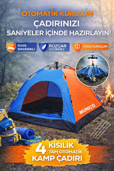 Munico Su Geçirmez Dayanıklı Outdoor Çadır 4 Kişilik Kamp Çadırı Kolay Kurulu...