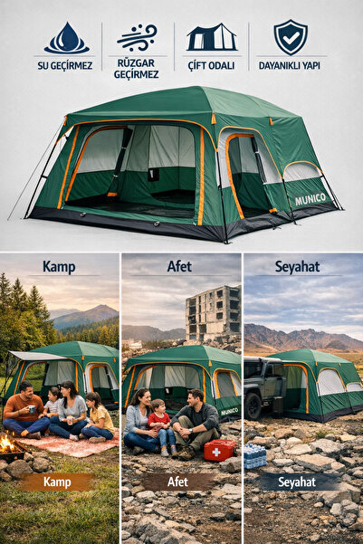 Munico 2 Odalı Çadır Seyahat Kamp Afet Durumlar İçin Güvenli Barınma Alanı Su...