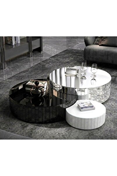 LUXURY VİLLA LUXURY SIYAH VE BEYAZ CAMLI GÜMÜŞ AYNALI ORTA SEHPA SETİ BÜYÜK 8...