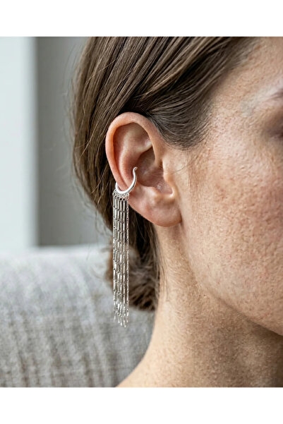 Dorvina Kadın Earcuff Kıkırdak Küpe Gümüş Renk Sallantılı Zincirli Tekli