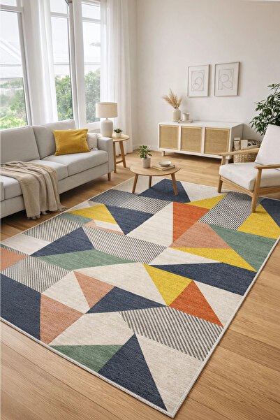 Toronto Home Dijital Kaymaz Yıkanabilir Renkli Modern Geometrik Salon Halısı ...