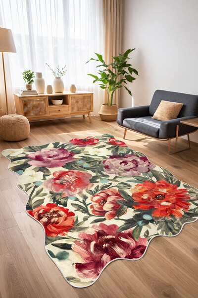 Toronto Home Dijital Kaymaz Yıkanabilir Asimetrik Vintage Çiçekli Salon Halıs...