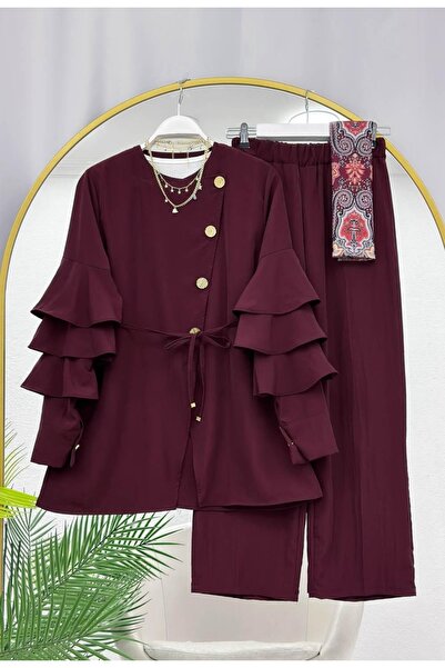 MODA VEDAT Γυναικείο Σετ Παντελόνι με Βολάν στα Μανίκια και Χρυσά Κουμπιά -0700