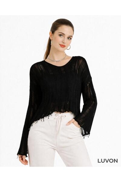 LUVON Black Lace-Like Knit Tasseled V-Neck Transitional Cotton Pack Women's K...